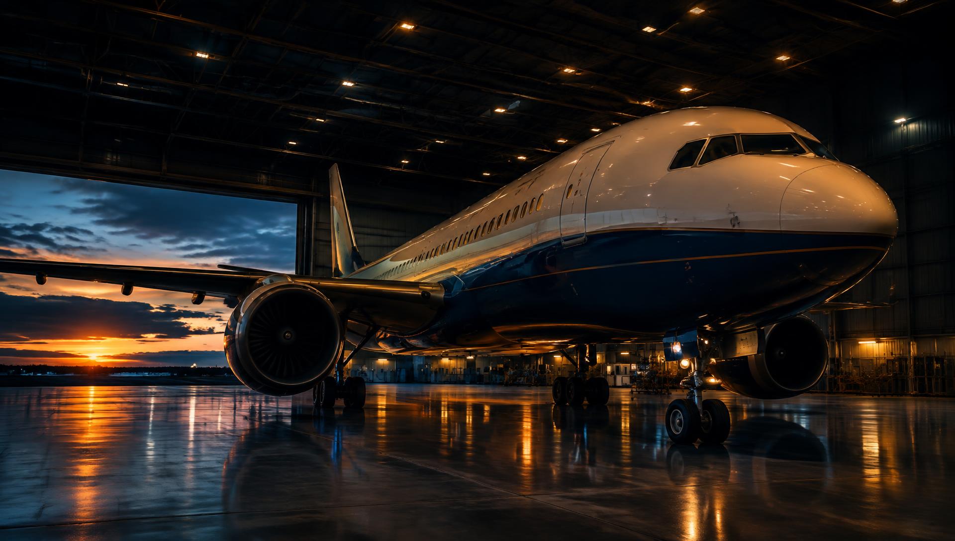 Commercial jet in hangar at dusk